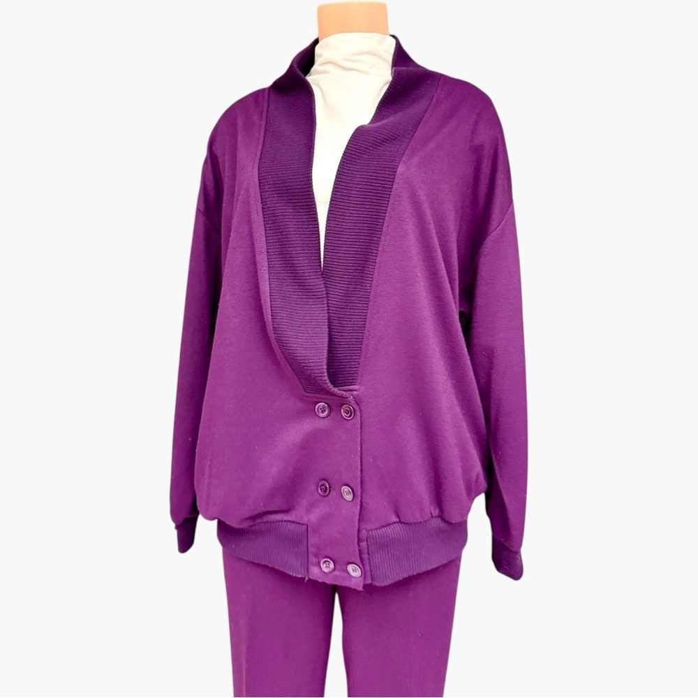 Vintage Joyce Sportswear Purple Knit Lounge Set Cardigan & Pants L-XL 80s